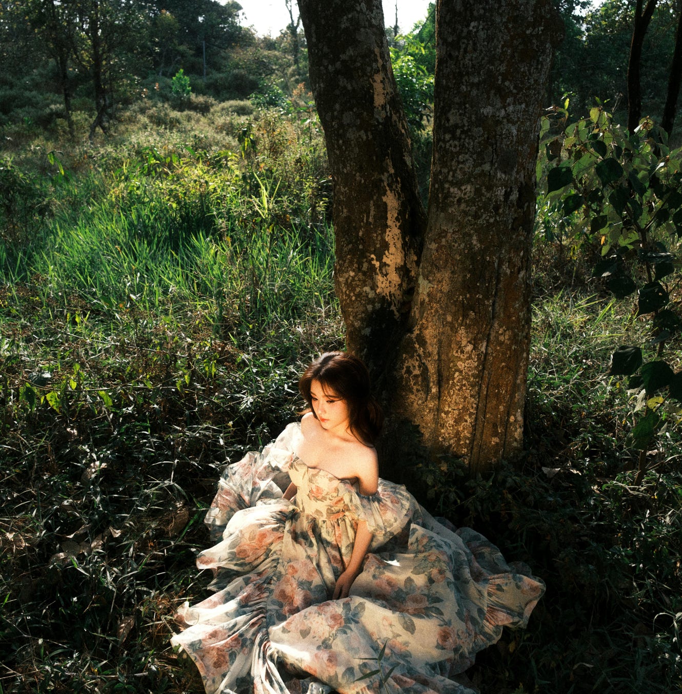 Una donna con un abito floreale siede con grazia sotto un albero, immersa nella luce naturale.
